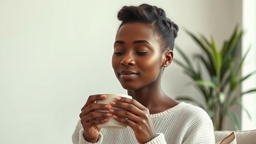 Serene young Black woman enjoying mindfulness morning rituals with a warm cup in a calming interior.