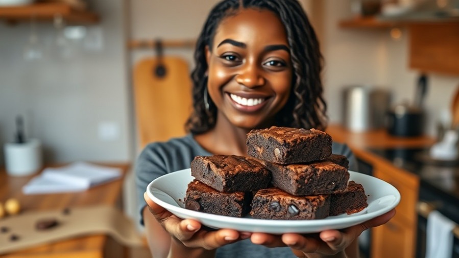 Smiling young Black woman holding gluten-free brownies, a rich vegan dessert.