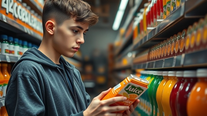 Young man studying juice label, highlighting health marketing strategies and consumer awareness in wellness.