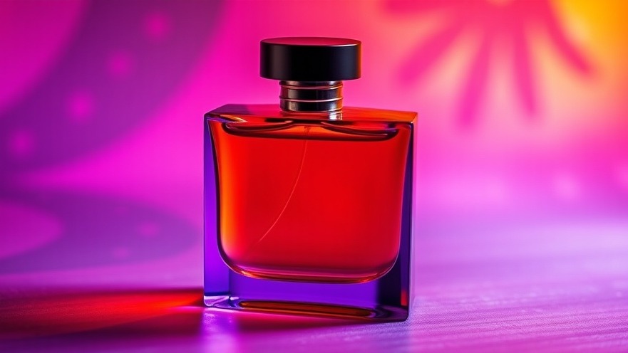 Sleek vibrant gradient perfume bottle showcasing gourmand fragrances and floral scents.