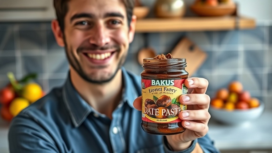Smiling person with date paste jar, a natural sweetener for plant-based recipes.