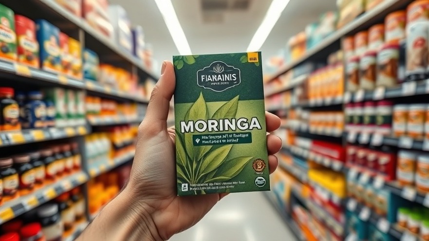 Colorful Moringa herbal supplement box in a health food store, promoting natural fat burning amino acid.