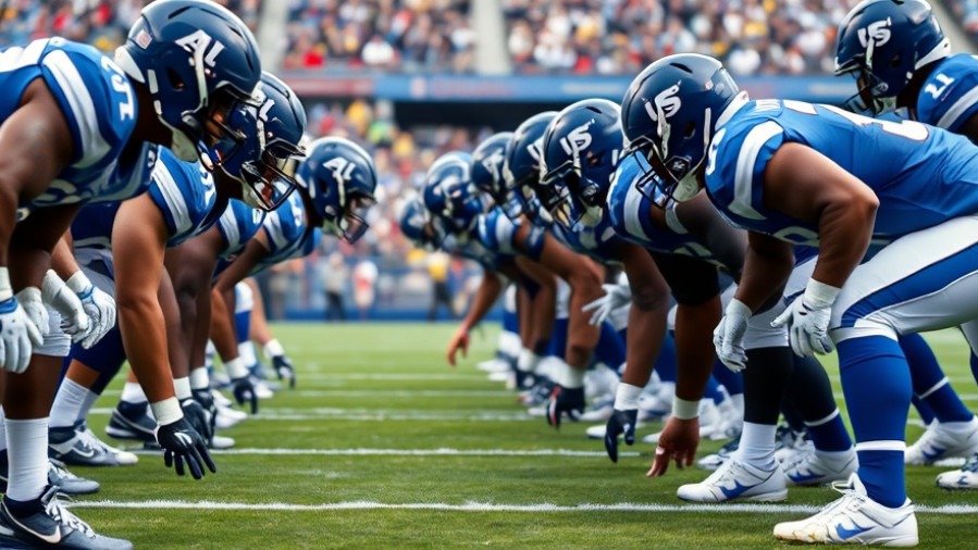 Black and white football linemen preparing for a play, showcasing athlete diet choices.