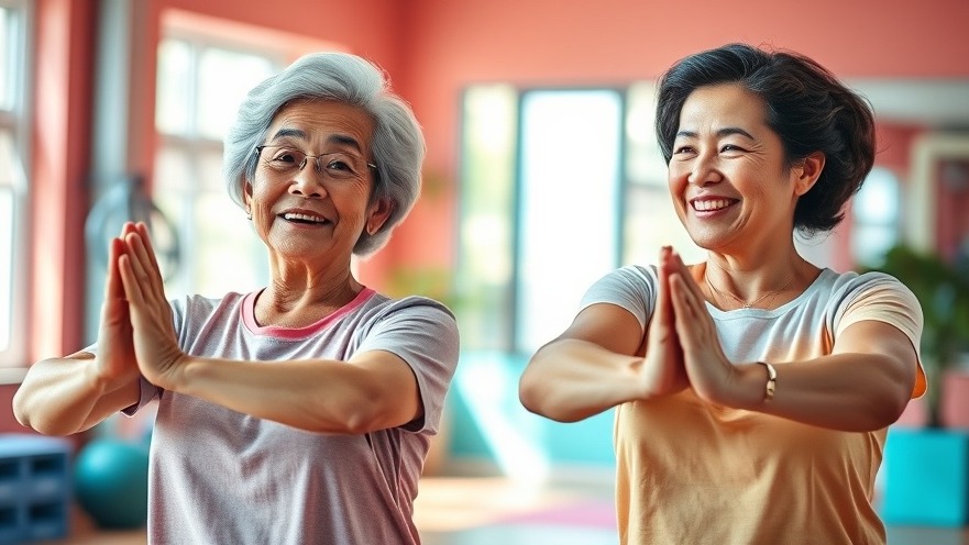 Two Asian women practicing gentle exercise for seniors in a bright, vibrant setting.