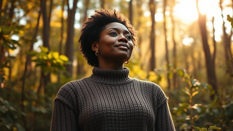 Gorgeous Black woman in a forest sweater, embodying burnout recovery and rejuvenation.