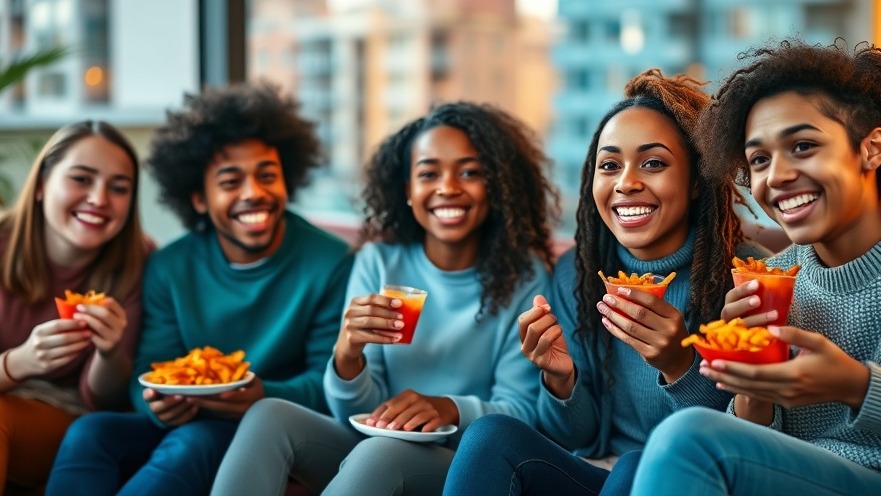 Diverse group of young people enjoying sweet potato fries in a vibrant living room.