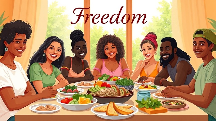 Smiling individuals embrace mindful eating at a vibrant table of healthy dishes.