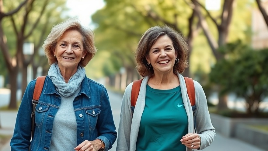 Two middle-aged women enjoying walking exercises for adults in a vibrant, natural setting.