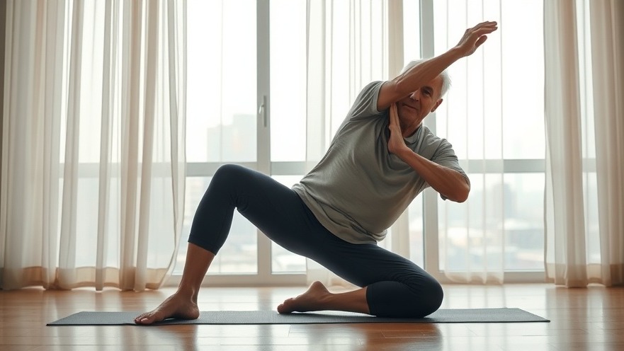 Middle-aged man practicing yoga indoors, showcasing senior fitness routine and benefits of physical activity.