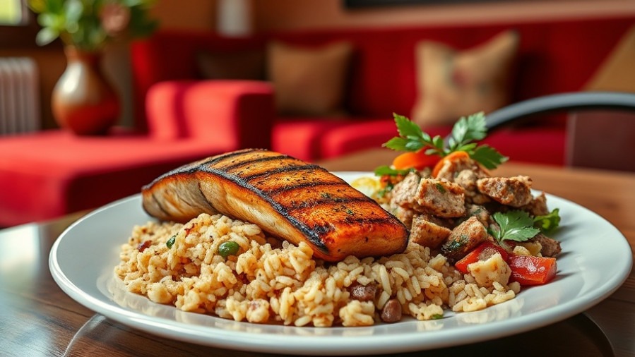 Healthy meals featuring grilled salmon and tuna salad in a cozy dining room.