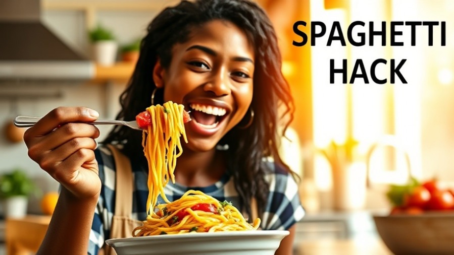 Joyful young Black shopper enjoying healthy veggie spaghetti in bright kitchen.