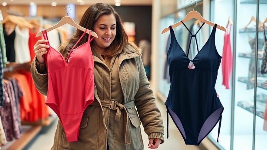 Plus-size woman in winter coat debates swimsuits for summer vacation.