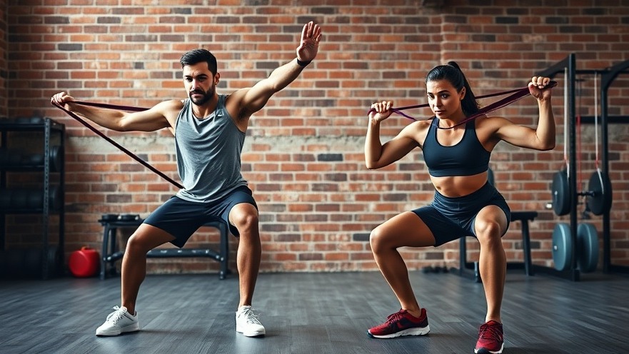 Two workout enthusiasts using exercise resistance bands for a full-body home workout.