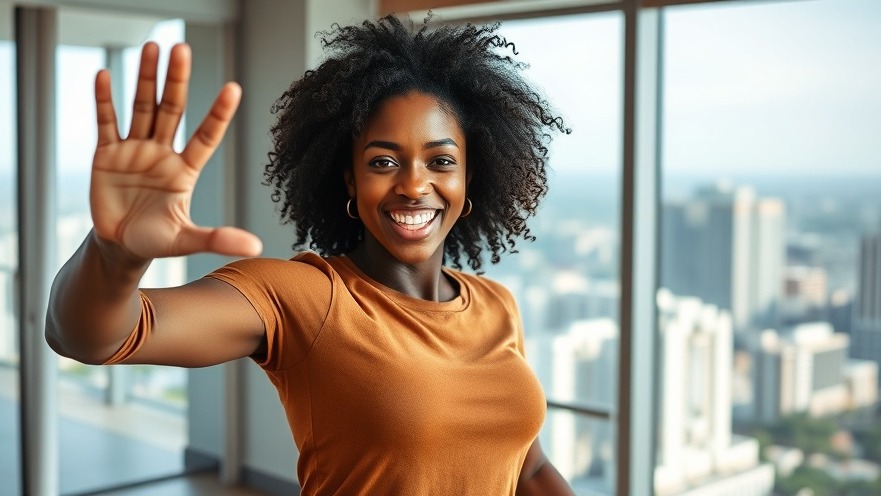 Energetic young woman demonstrating grip strength exercises in a modern apartment.