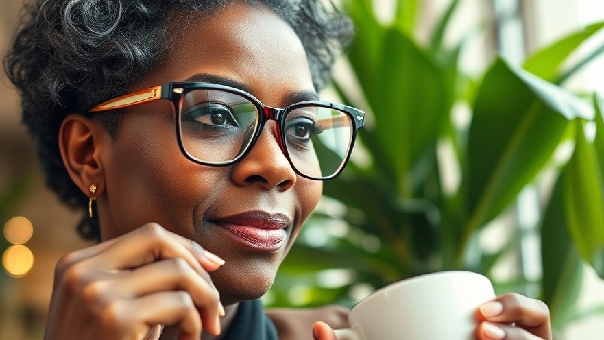 Stylish mature Black woman embracing vibrant living with coffee in Buckhead Atlanta lifestyle.