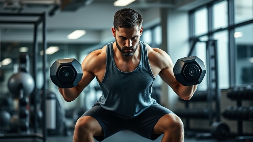 Man lifting two heavy dumbbells from a squat in a well-lit gym