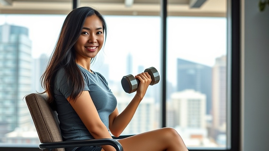 Confident young woman with dumbbell exercises for strength training in city view.