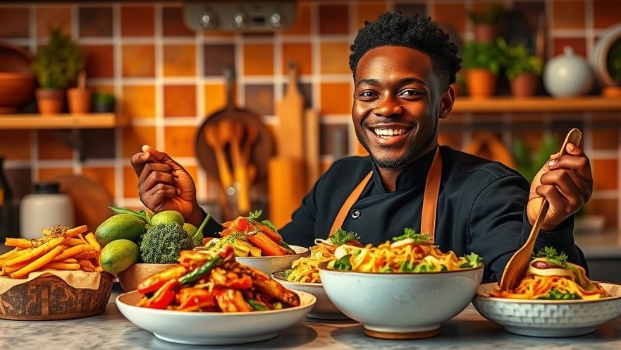 Joyful Black chef showcasing vibrant plant-based cooking in a warm kitchen.