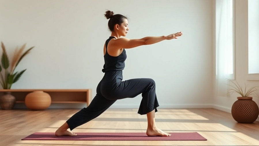Serene woman practicing yoga side lunge for mindfulness and stress relief.
