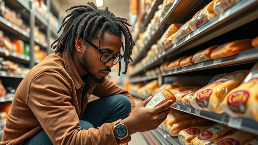 Young man reading bread label, highlighting healthy lifestyle choices and ingredient importance.