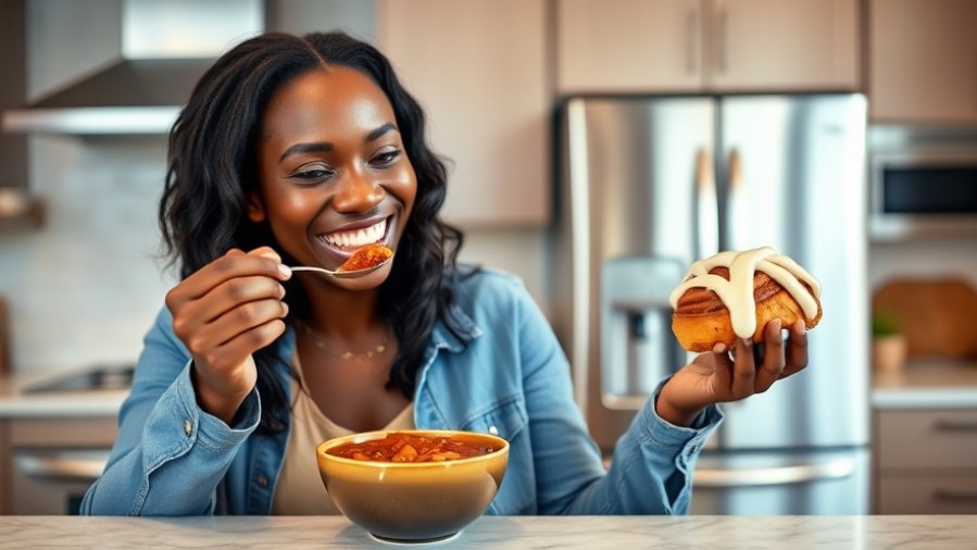 Smiling Black woman enjoying unique food pairings in a modern kitchen, showcasing healthy eating.