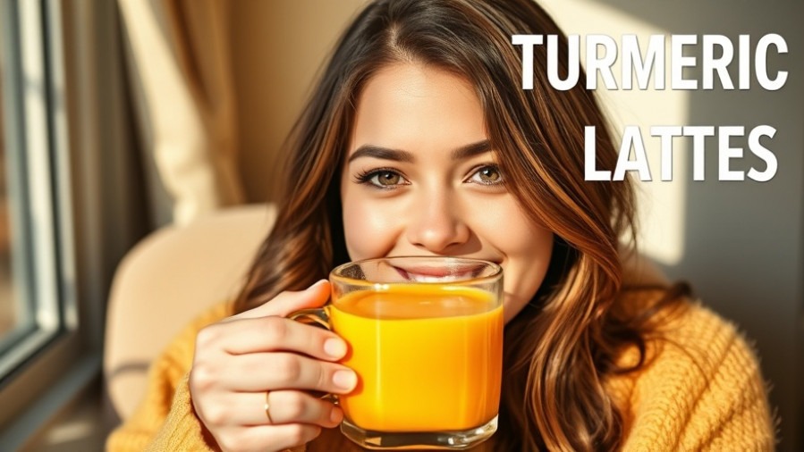 Joyful woman enjoying a golden turmeric latte, showcasing health benefits of turmeric in a cozy setting.