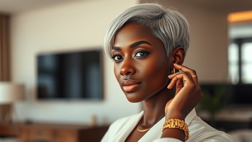 Elegant Black woman embracing self-love in a warm, modern setting.