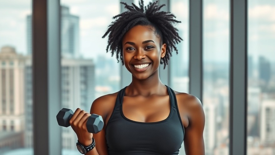 Fit Black woman performing muscle toning exercises with dumbbell in cityscape.