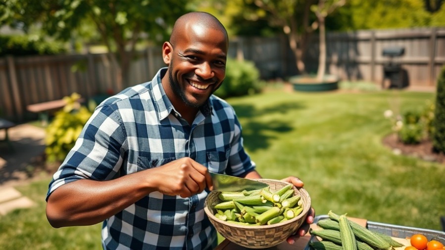 Cheerful man slicing okra for a healthy okra water recipe in a sunny garden.