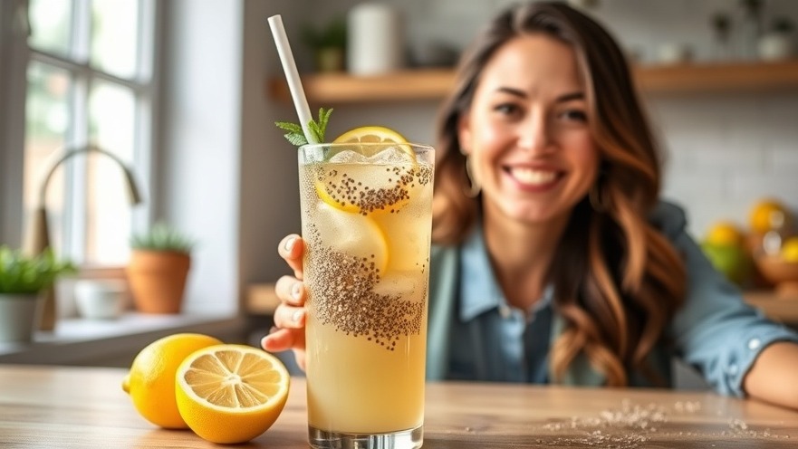 Smiling woman enjoying a lemon chia seed drink, promoting health and beauty tips.
