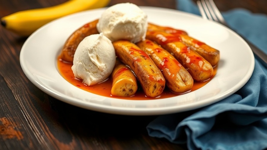 Lifelike maple chili caramelized bananas with plant-based ice cream on a dark table.