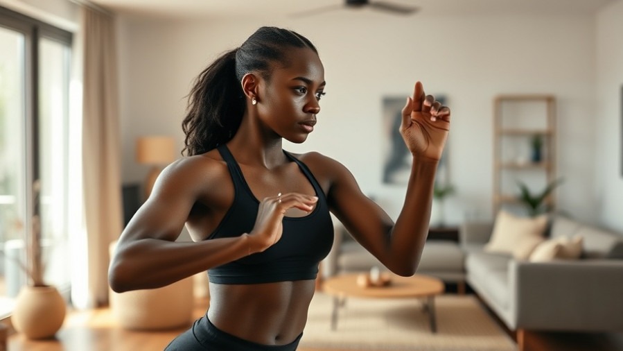 Fit young Black woman exercising in a minimalist living room for joint health.