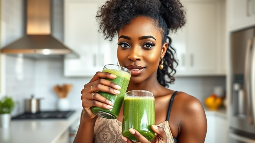 Stylish Black woman enjoying a green smoothie in a modern kitchen, showcasing easy smoothie ideas.