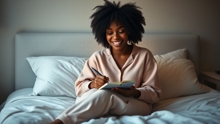 Young Black woman journaling in cozy pajamas, embracing social media detox for mental clarity.