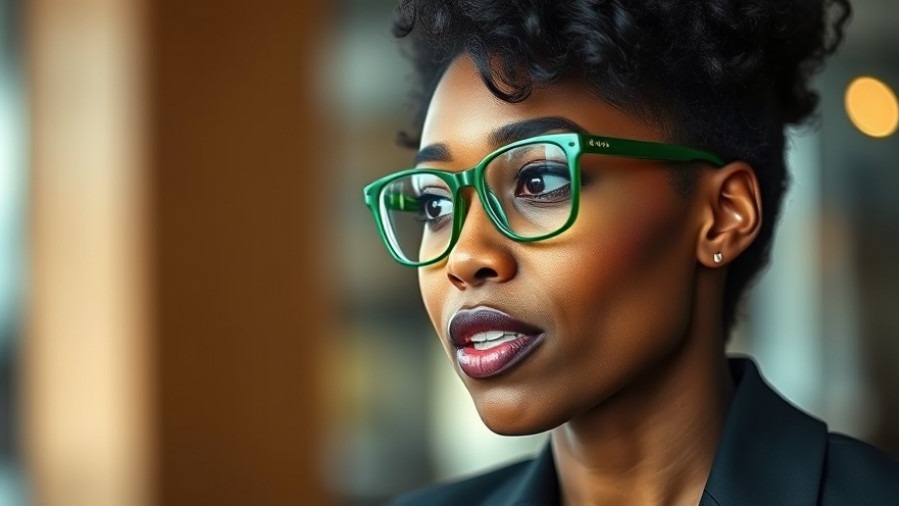 Stylish Black woman in green glasses embodies self-care and women's empowerment.