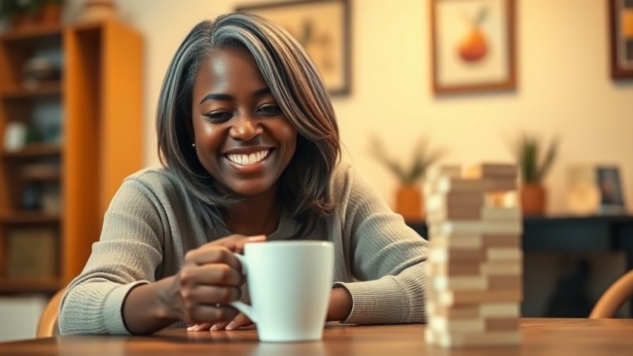 Empowerment for women over 50: confident Black woman enjoying Jenga and coffee.