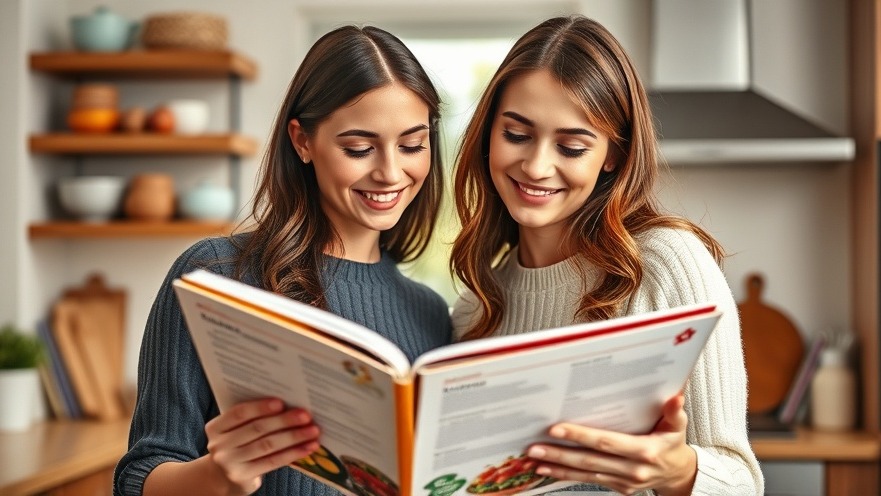 Two women joyfully browsing a cookbook for a chili paste recipe in a bright kitchen.
