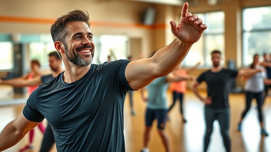 Energetic male instructor leads short workouts for exercise snacking and mental health.