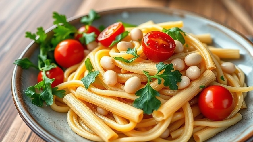 Lifelike fresh rigatoni pasta dish featuring white beans, cherry tomatoes, and arugula, perfect for quick pasta dishes.