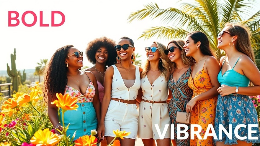 Diverse friends in bold summer styles enjoy a vibrant outdoor scene.