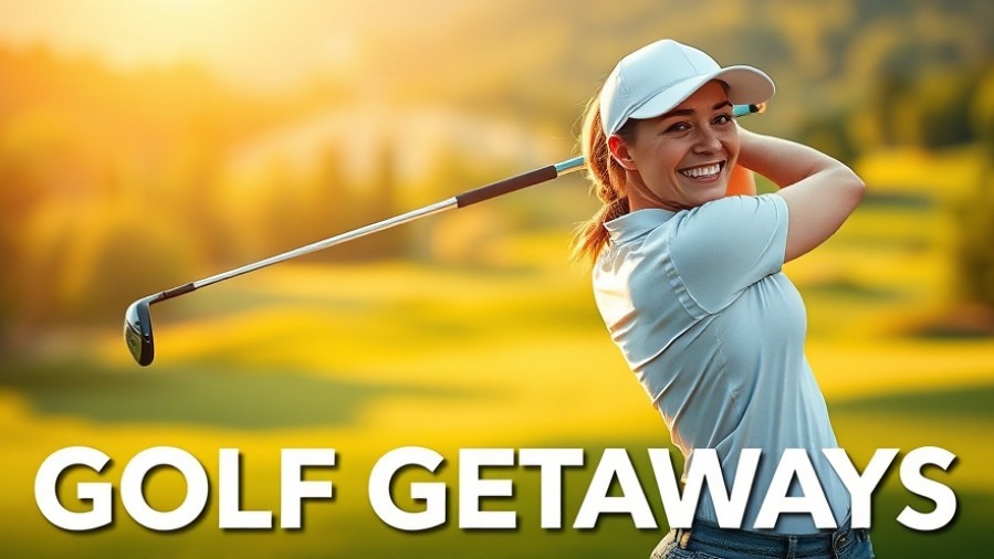 Empowered woman swinging a golf club at sunset on a lush course, perfect for female golf retreats.