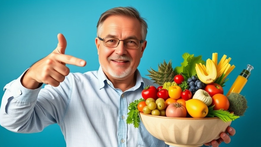 Middle-aged man promoting an anti-aging diet with a vibrant food bowl.