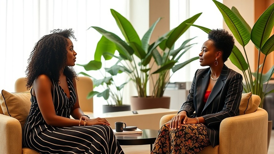 Two stylish Black women sharing insights on their wellness journey in a chic hotel lobby.