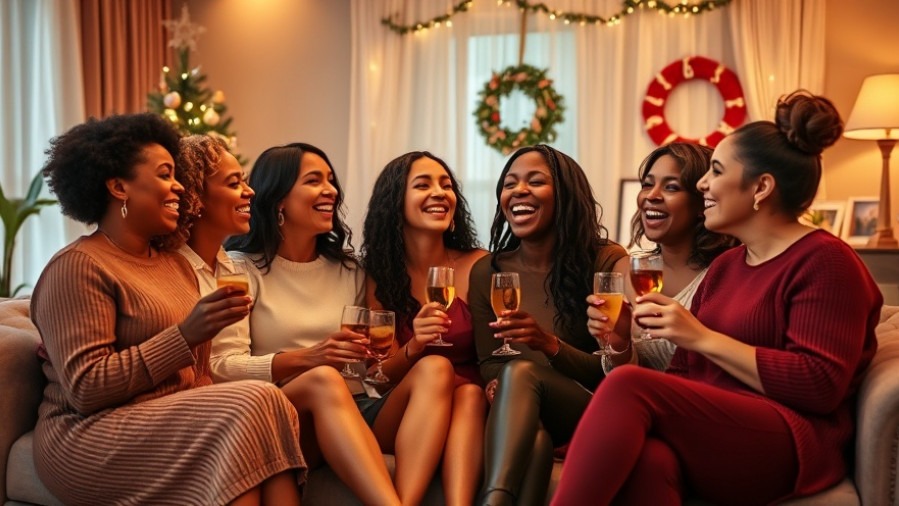 Five diverse women enjoying easy holiday drinks and festive cocktails on a cozy sofa.