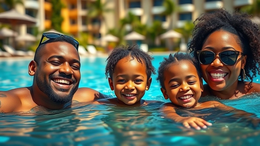 Joyful Black family at a tropical resort pool, ideal for family-friendly vacations in Costa Rica.