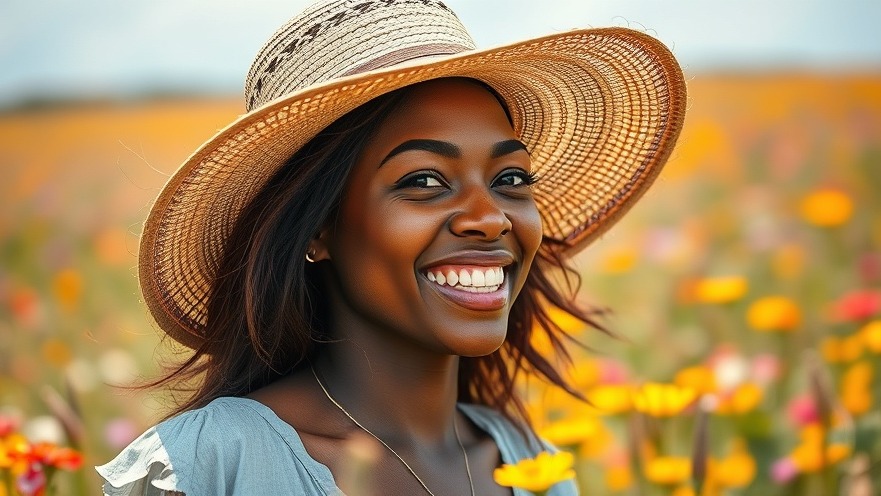 Smiling Black woman in summer attire enjoying a wildflower field, embodying a summer wellness plan.