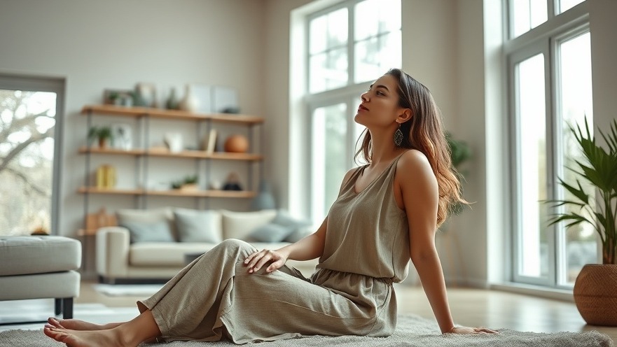 Chic young woman practicing mindfulness in February in a serene, cozy living room.