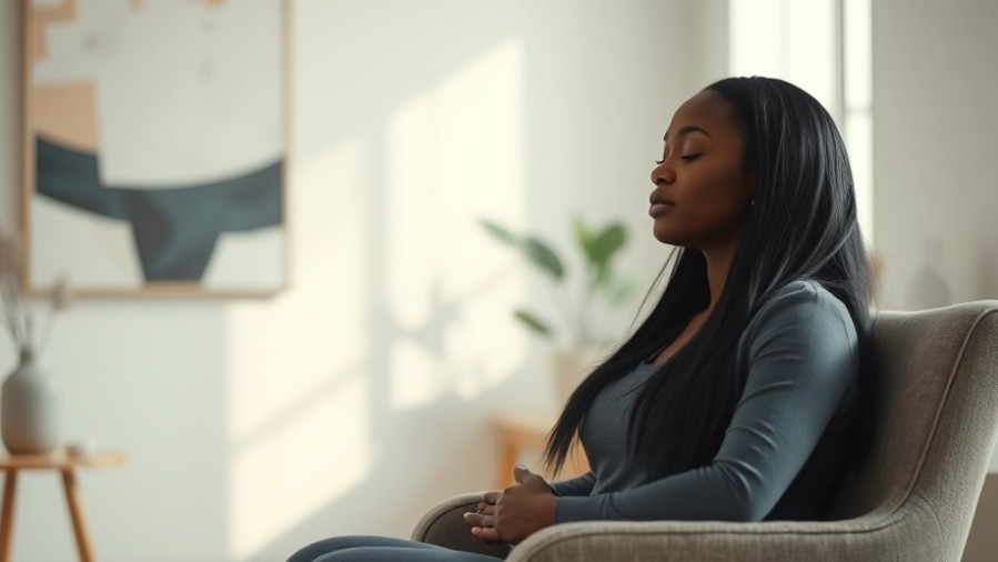 A serene Black woman practicing breathing techniques for anxiety in a tranquil indoor setting.