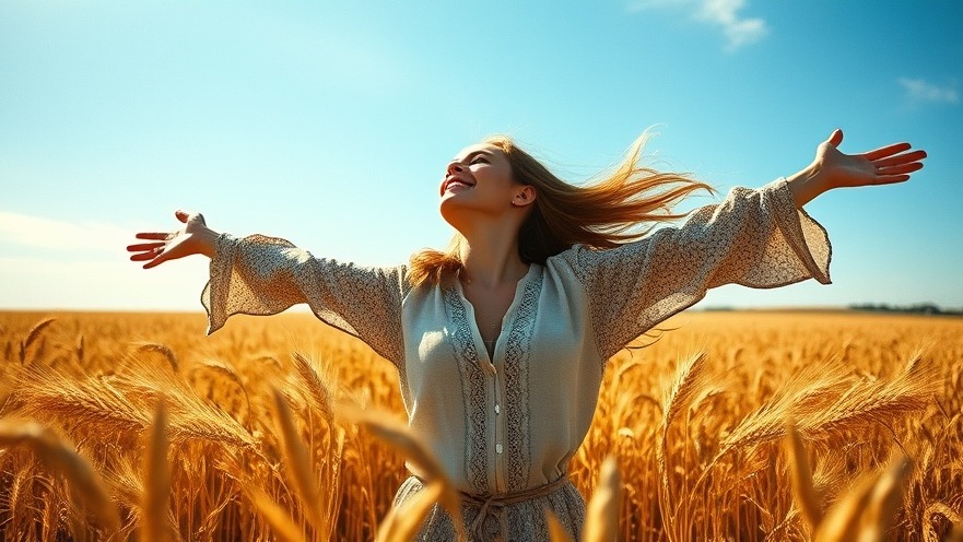 Serene woman embracing nature in a wheat field, reflecting wellness dimensions.
