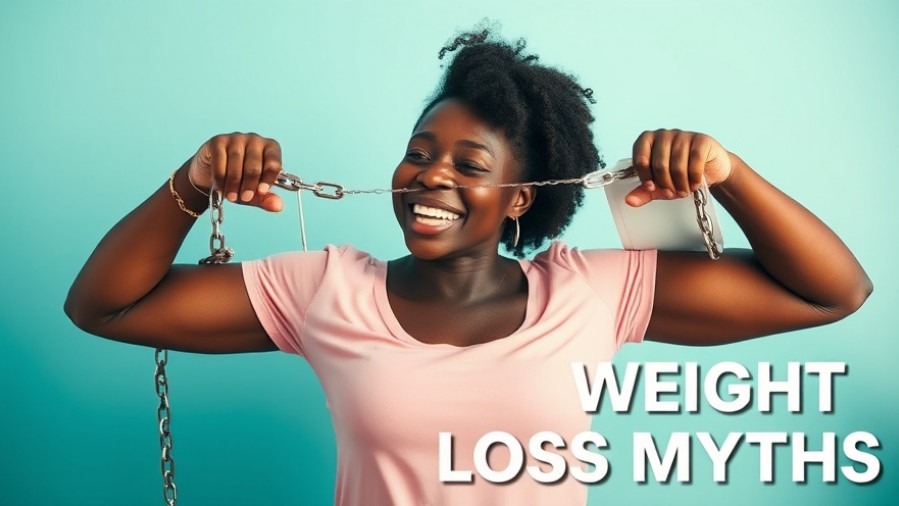 Confident Black woman breaking free from scale chains, debunking weight loss myths.